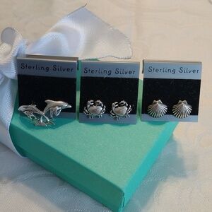 Sterling Silver Dolphins, Crabs + Shells Post Earrings, 3 pair
